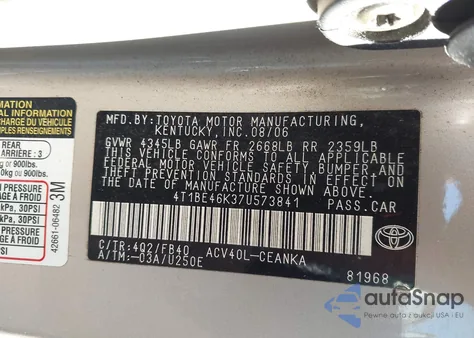 2007 Toyota Camry Ce from USA, damaged, VIN 4T1BE46K37U573841